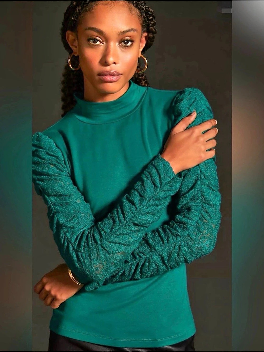 Maeve by Anthropologie Ruched Sleeve Mock Neck Top